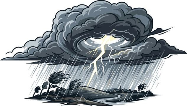 Severe thunderstorm vector illustration featuring heavy rain lightning strike swirling hurricane clouds and trees bending in wind