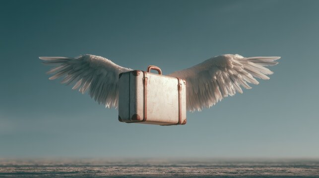 A vintage suitcase with large white wings flying over a calm ocean under a clear sky.