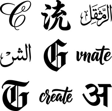 Multicultural typography collection featuring arabic script devanagari letters gothic fonts and cursive handwriting styles for diverse graphic design applications.