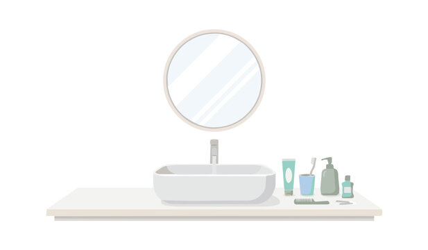 Modern bathroom sink vanity unit with round mirror and toiletries vector