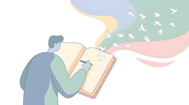 Man writing in open book journal with white birds flying out representing freedom of mind and creativity