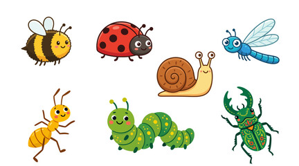 Cute cartoon insect collection with bee ladybug snail dragonfly ant caterpillar and stag beetle characters on white background. © Riupiu