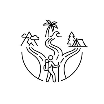 monoline icon of backpacker with walking stick standing on road that splits into mountain,