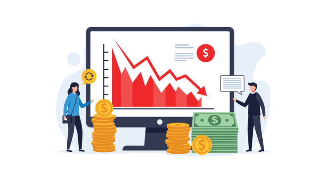 Business investors reacting to financial crisis and stock market crash shown with downward red chart on computer.