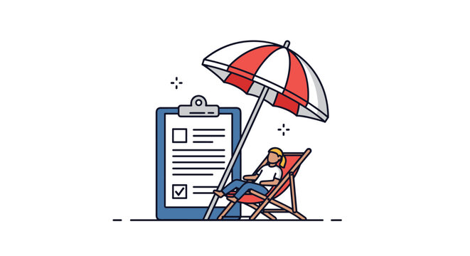 Vacation request approval concept showing tourist relaxing on beach chair under umbrella in front of checklist.