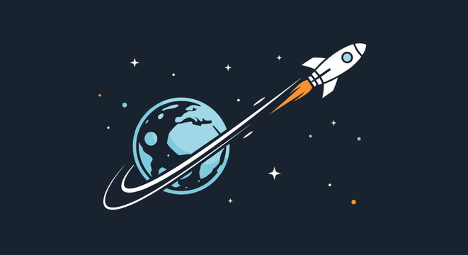 Rocket ship launching into space and orbiting the earth planet against a dark starry background representing startup.
