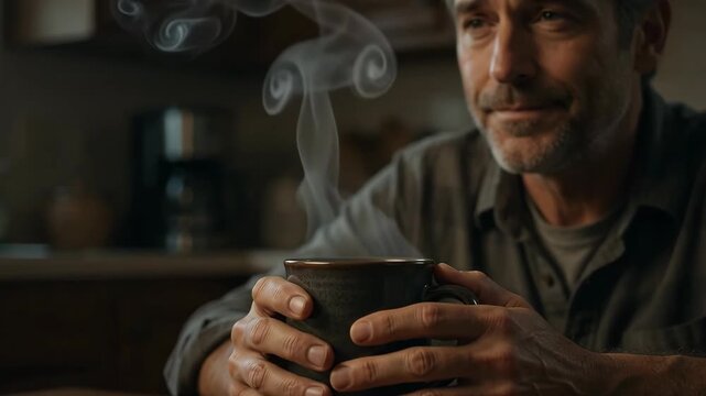 Pensive middle aged man sitting at kitchen table holding warm steaming mug