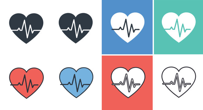 Heart pulse rate icons show diverse electrocardiogram lines within heart shapes in multiple colorful style options.