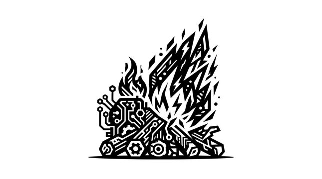 Circuit fire icon with mechanical gears and binary code.
