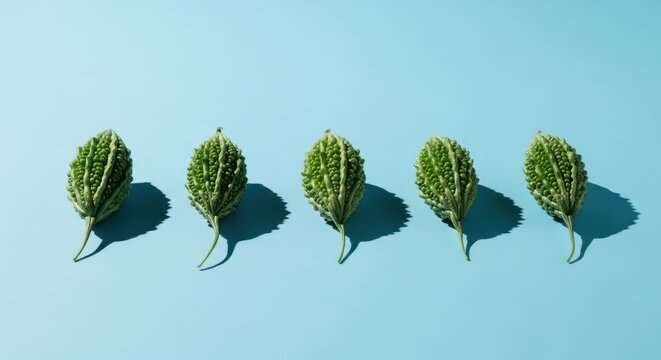 Five bitter melons arranged in a row