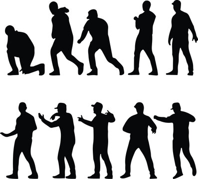 Set of black silhouettes of men posing and dancing