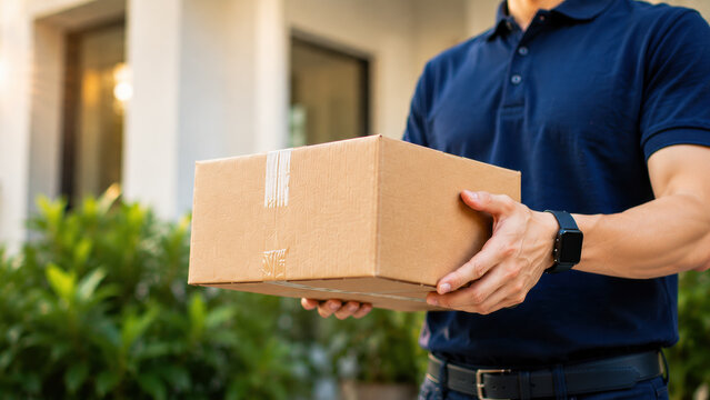 Delivery courier package box cardboard man uniform home entrance, cropped worker holding parcel with careful hand, outdoor doorstep service, shipping and logistics concept