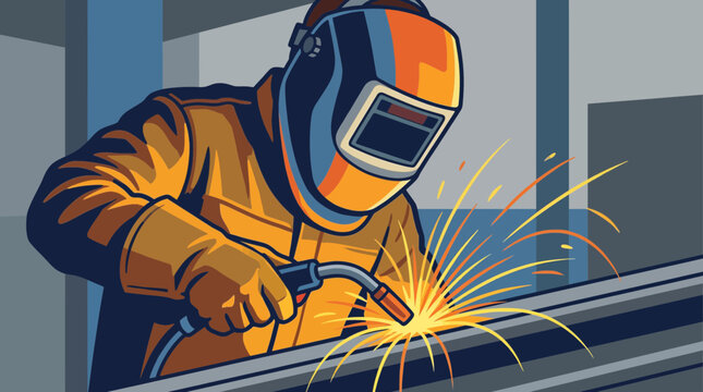Welder Wearing Auto-Darkening Helmet with Sparks Flying