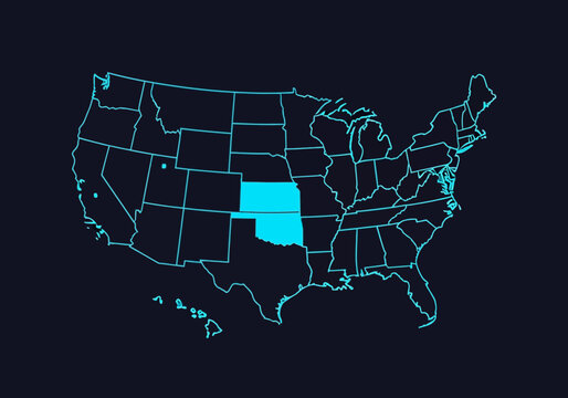 Neon Blue USA Map with Kansas and Oklahoma Highlighted