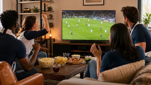 Friends watching soccer match on television at home