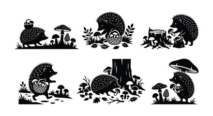 Hedgehogs Carrying Mushrooms Black Silhouette Vector Illustrations © MdNirob