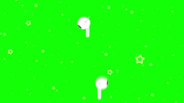 A pair of white wireless earbuds on a green background with small white stars and dots