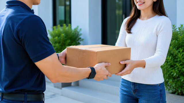 Courier woman package delivery box doorstep handover at modern home entrance smiling customer receiving cardboard parcel from delivery worker outdoors