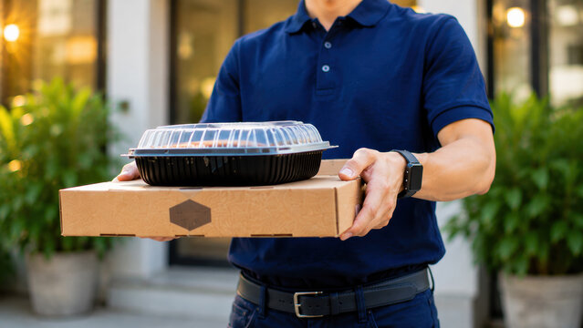 Delivery man food box takeout container courier restaurant outdoor scene with meal order neutral expression entrance background service and convenience concept