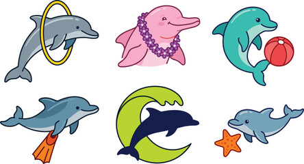 Cute Dolphin Cartoon Character Vector Icon Set Featuring Funny Dolphins with Hoop Lei Necklace Beach Ball Flippers and Starfish for Marine Graphics © Sufea