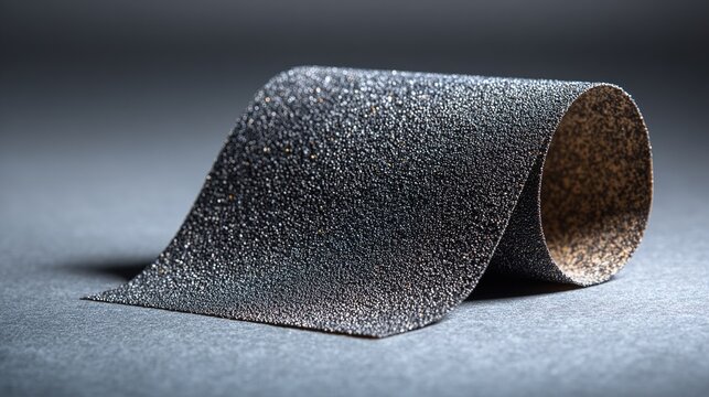 sandpaper. A sheet of sandpaper with dark granules next to a piece of polished metal. safety posters, maintenance manuals, designed for industrial assembly lines and welding operations.
