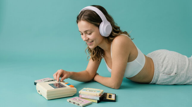 Woman headphone cassette player cassette tape music retro teal background relaxed smile while lying on studio floor listening to analog audio with vintage portable device