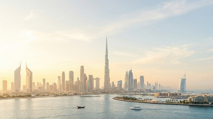 Obraz premium Dubai skyline skyscraper waterfront sunrise cityscape marina, calm harbor with modern tower, boat, island, and soft haze over coastal urban architecture in warm light