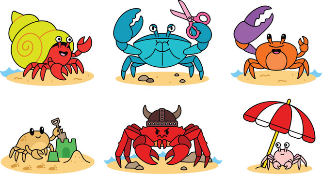 Cute Crab Cartoon Character Vector Icon Set Featuring Funny Hermit Fiddler and King Crabs with Scissors Viking Helmet Beach Umbrella and Sandcastle