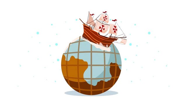 Historical ship sailing on top of a vintage earth globe against a white background.