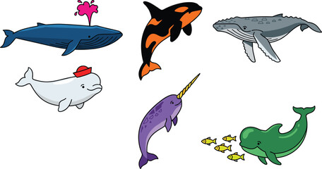 Whale and Cetacean Marine Life Vector Icon Set Featuring Blue Whale Orca Killer Whale Humpback Beluga Narwhal and Small Fish for Ocean Graphic Designs © Sufea