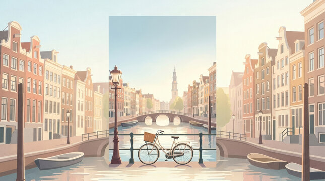 Canal bicycle bridge boat street lantern architecture city scene with Dutch townhouse calm water reflection pastel illustration travel landmark mood
