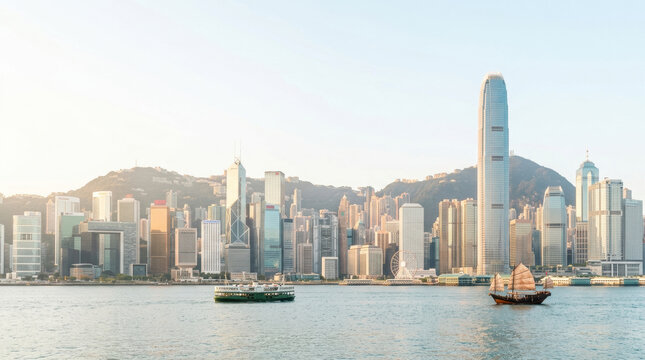 Hong Kong skyline skyscraper harbor ferry junk boat waterfront mountain cityscape bay panorama with calm water modern tower haze warm daylight across urban coastal scene