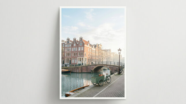 Poster frame canal bicycle bridge street scene on white wall urban travel print with brick building waterway boat lamppost calm daylight minimal interior decor