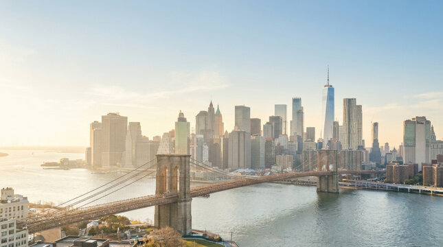 New York skyline bridge river skyscraper sunrise cityscape harbor panorama over suspension bridge and downtown waterfront with soft morning haze calm water urban architecture