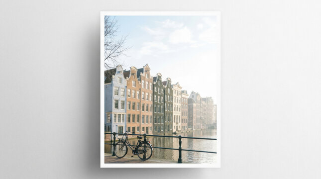 Framed print canal bicycle townhouse waterfront wall interior poster showing historic brick architecture beside calm water, soft daylight, minimal home decor mockup