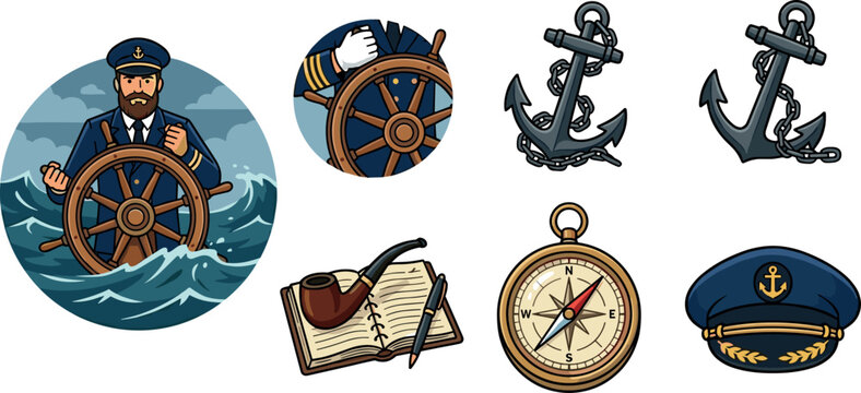 Nautical Captain Icon Set with Ship Helm in Stormy Sea Anchor with Chain Navigation Compass Logbook Smoking Pipe and Marine Uniform Hat Vector Illustration