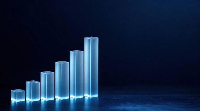 Abstract 3D bar chart made of frosted glass blocks ascending on dark blue gradient background, soft glow, 70% negative space top right for headline, corporate finance wallpaper