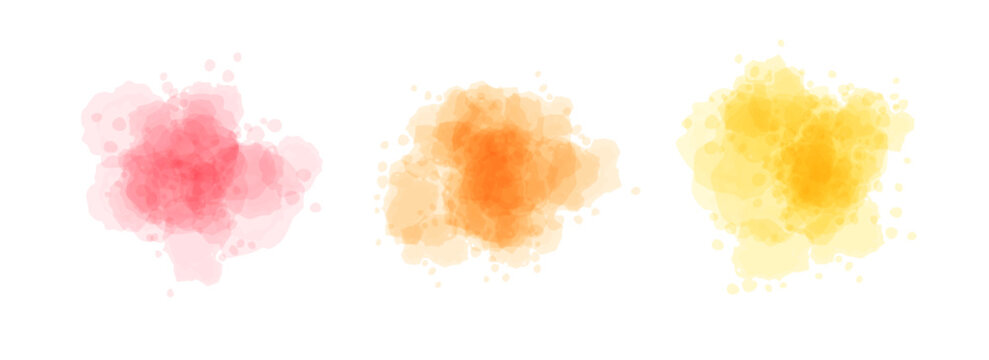 Red orange pink watercolor spot set. Liquid watercolour texture splash effects. Pastel color round ink or paint brush stroke shape elements. Soft wet color splatters, blobs, stains, drops. Vector