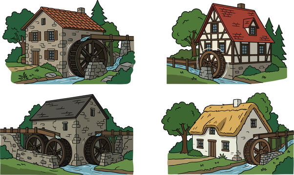 Medieval Architecture Watermill House Set Featuring Timber Frame Stone Walls Thatch Roof and Multiple Wooden Water Wheels Graphic Vector Illustration