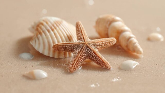 Close-up of a star shape sea star and different shapes of beige smooth seashells on wet sandy beach surface with soft natural lighting and blurred background
