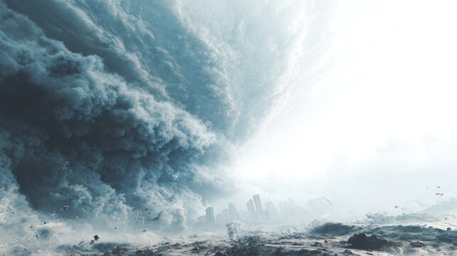 Dramatic urban landscape with colossal storm approaching city skyline under tumultuous skies