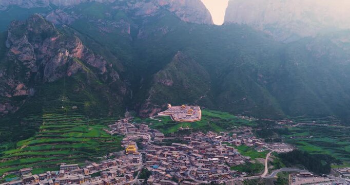 Aerial view of Tibetan village in Zhagana, Gannan, Gansu, natural scenery in mountain valley