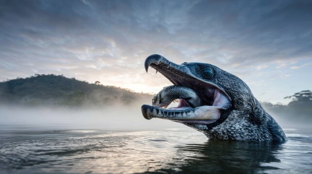 Waterfowl consumes its freshly caught prey emerging from the misty river surface at sunrise