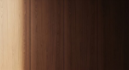 Obraz premium Minimal dark walnut wood wall texture with soft window light gradient, large empty space center, premium corporate backdrop for text overlay, 169, no people, no objects
