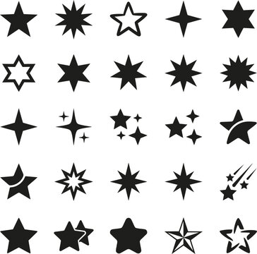 Diverse array of star symbols and glyphs from simple to intricate designs vector icons set silhouette on transparent background.