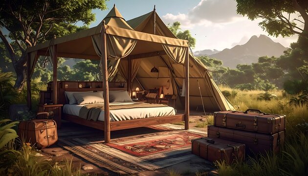 Luxurious safari tent with canopy bed and vintage luggage