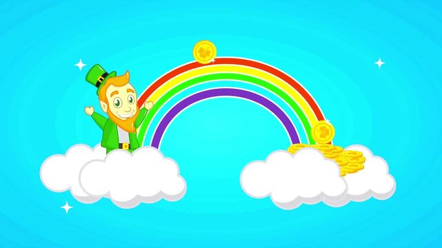 Leprechaun character smiling on a cloud while gold coins slide down a rainbow.