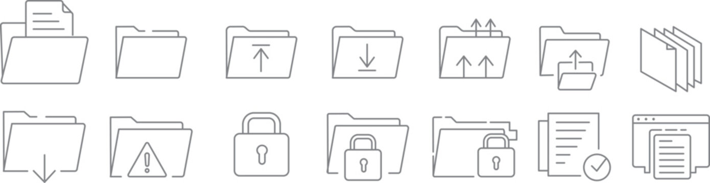 vector illustration elements in an isolated collection featuring a folder icon set for workspace organization and business document layouts and UI design.