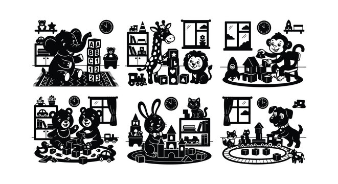 Animal illustrations with building blocks vector line art on white background