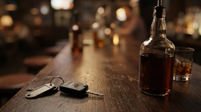Glass of whiskey and car keys on wooden bar counter in lounge
